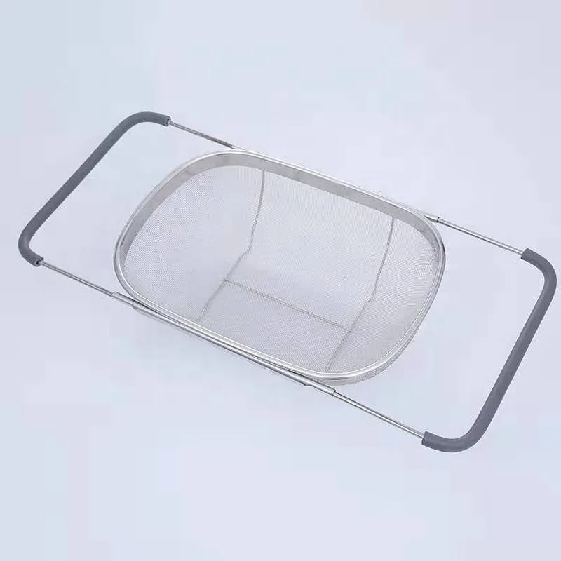 Stainless Steel Adjustable Rubber Handle Over The Sink Fine Mesh Fruit Vegetable Colander Basket