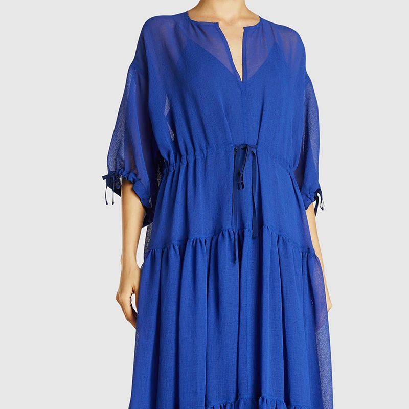 
Custom Wholesale Women Royal Blue Short Sleeve Organza Long Maxi Dress 