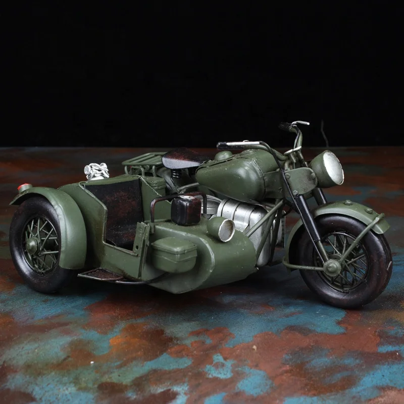 Durable Newest Design Sidecar Iron Green Motor  Antique Tricycle Motorcycle Model 1:8 Scale Vintage Home Decor