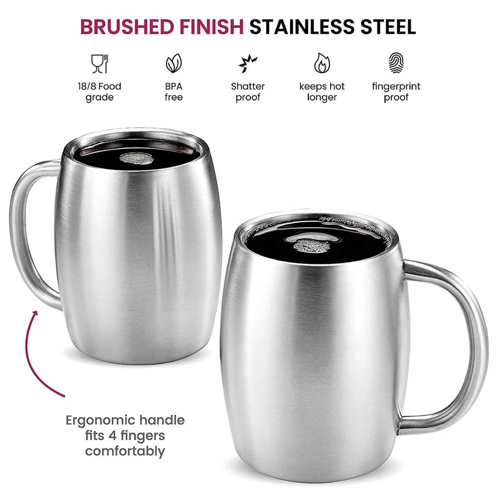 
14oz Double Wall Vacuum Insulated Metal Stainless Steel Coffee Beer Barrel Mugs with Handle Barrel-Shaped Camping Water Mugs 