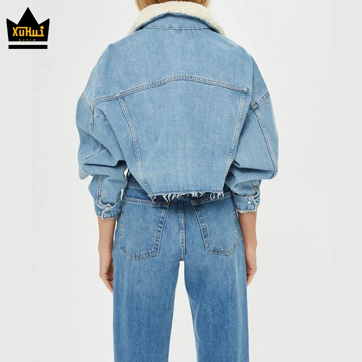 Best selling high quality jeans manufacture OEM borg fur denim jacket with fleece collar