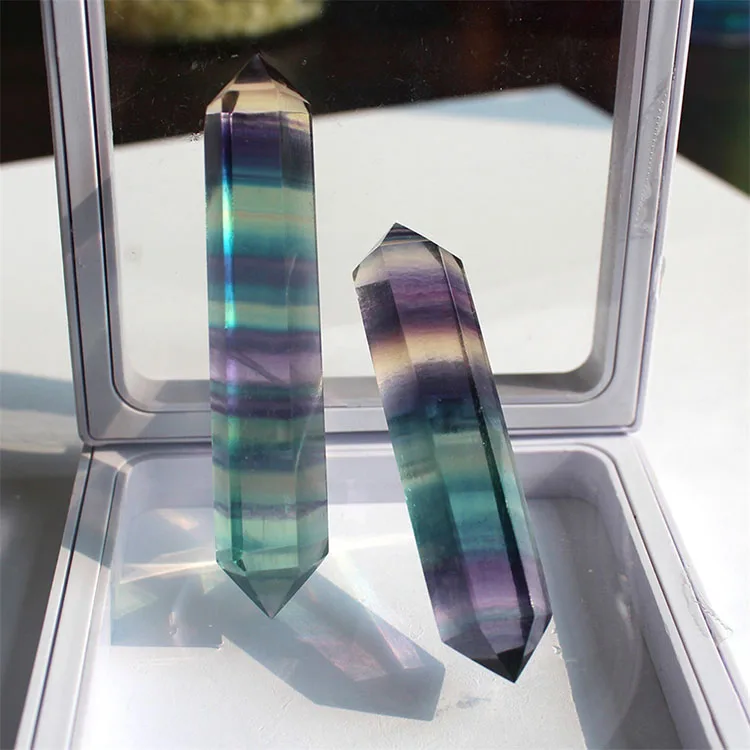 Polished Folk Art Rainbow Quartz Wand Polished Rainbow Fluorite Double Terminated Crystal Point