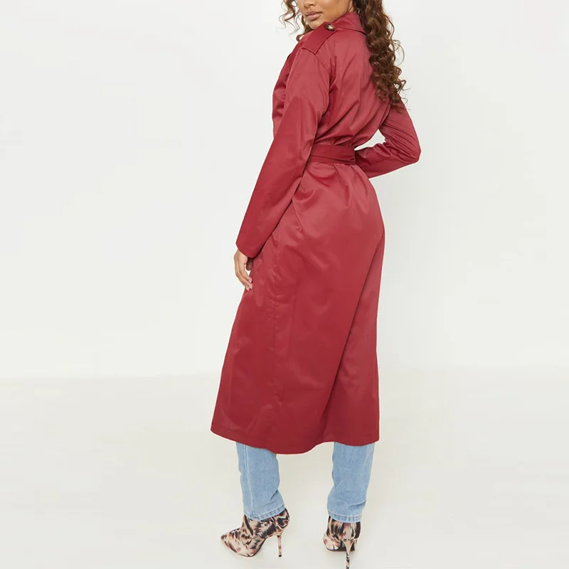 2019 New Arrival Tie Waist  Lapel Collar Oversized Long Trench Coat Women