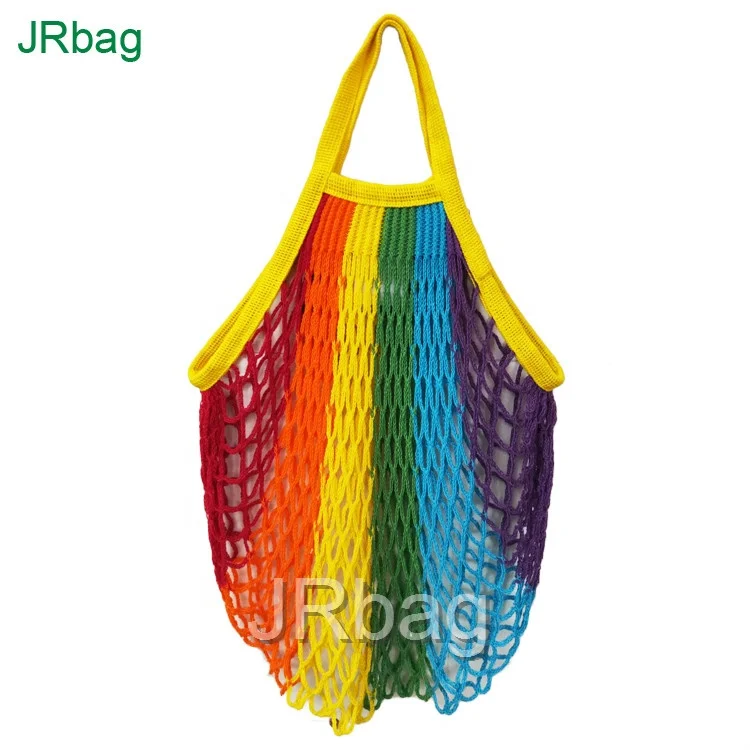 Manufacture Eco 100% Cotton French Style Rainbow Large Filter Shopping Storage String Market Mesh Net Bags with Shoulder Straps