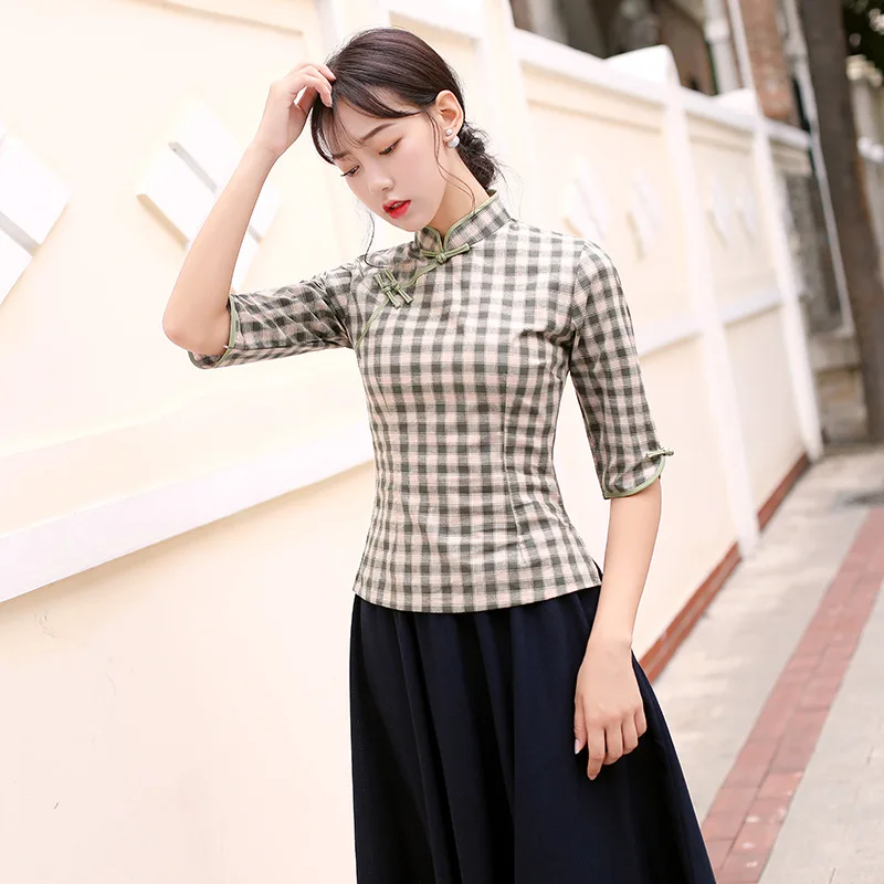 traditional chinese style cheongsam set vintage plaid tops+blue skirt