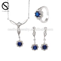 Hot Sale Fashion Sapphire Gemstone Rhodium Plating Silver Artificial Jewelry Set