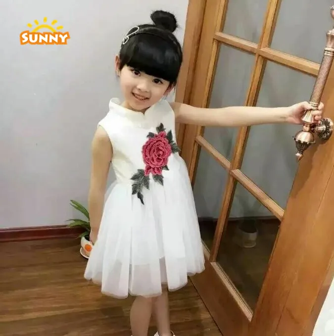 Wholesale Girls Cotton Linen Princess Fancy Flower Dresses Chinese Styles Girl Mesh Dress