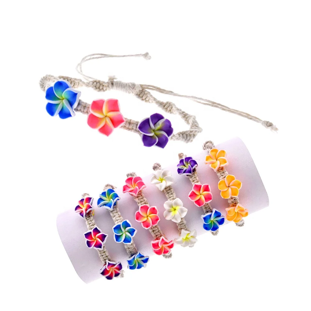 Handmade colorful polymer clay flower bracelet adjustable cotton string braided hand rope cowrie shell bracelets