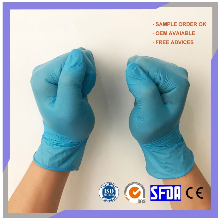 Household Cheap Waterproof Oil Resistant Blue Disposable Pure Nitrile Gloves Powder Free
