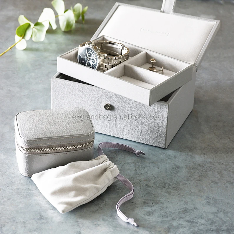 simple design genuine cow leather storage box travel cufflink / trinket box