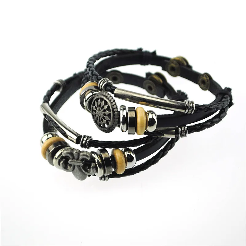 Cheap Wholesale Mens Punk Anchor wristband Skull Charms Leather Wrap fashion Men Bracelet leather
