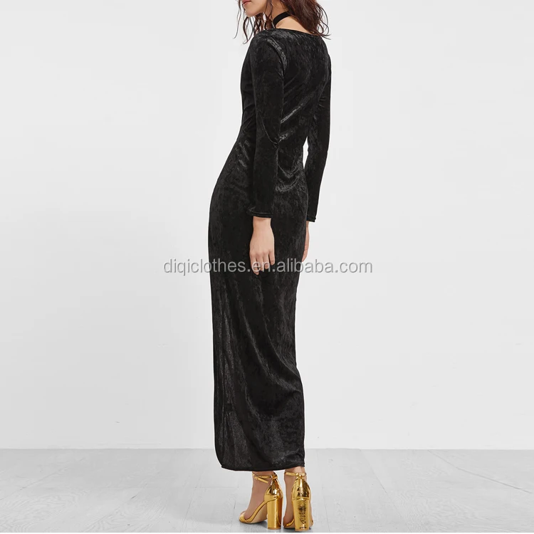 
2017 Chic factory price custom ladies fashion Black Deep V Neck Split Front Velvet Wrap Dress 