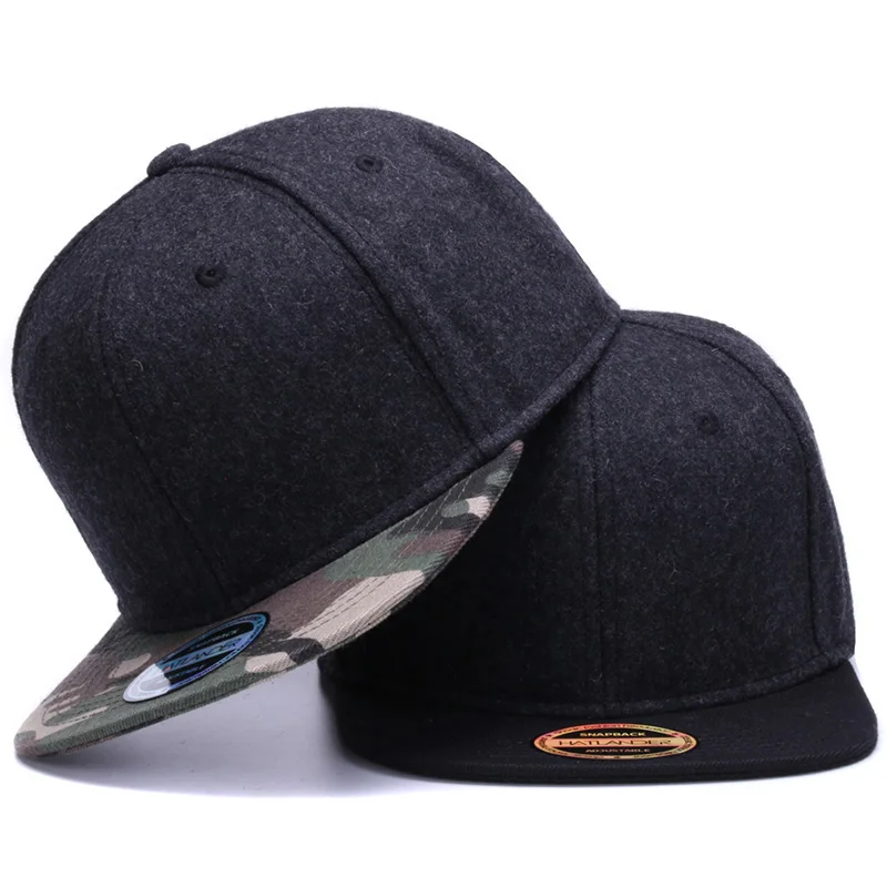 Wholesale Custom Made Wool Blend Fabric Blank Camo Flat Brim Low Profile Design Snapback Cap Hats