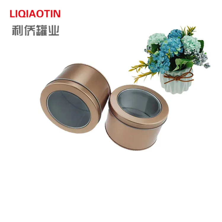 Tinplate champagne gold round 90 * 60mm open window candy tin box, tea dessert watch iron box packaging
