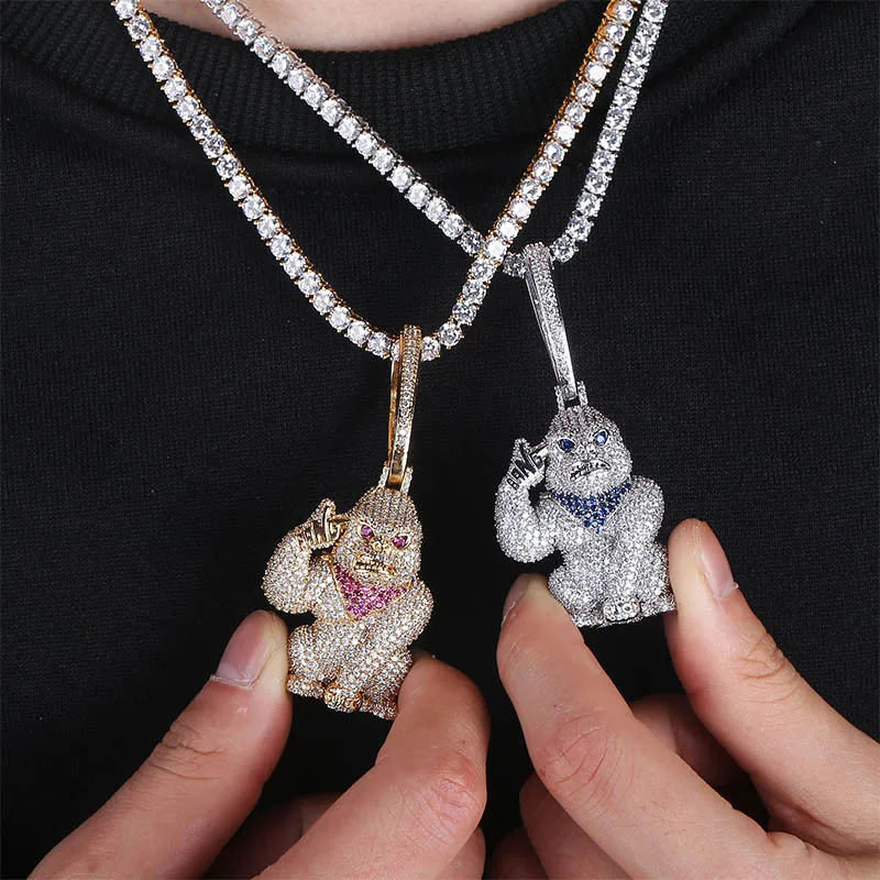 New Real Hiphop High-end 18k Solid Gold Plated Iced Out Lab Diamond CZ Gorilla King Kong Pendant Necklace