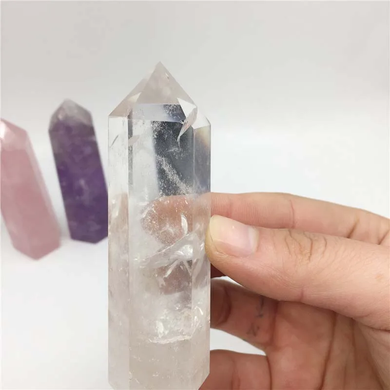 Natural clear rock quartz crystal Six edges healing points/wands/pillars with hole for crystal cup/bottle