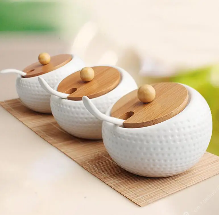 High quality round shape slanted storage custom white kitchen 3 pcs spice ceramic canister with wooden lid