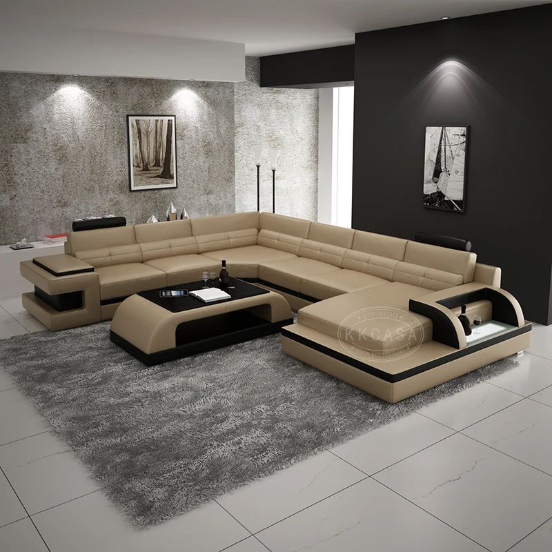 Italian Modern Fashion Model Luxury New Style Led U Shape Genuine Leather Sofa Set