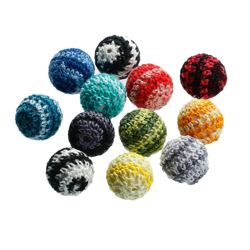 Round Cotton Wool Covered Stripe Pattern Acrylic Woven Beads