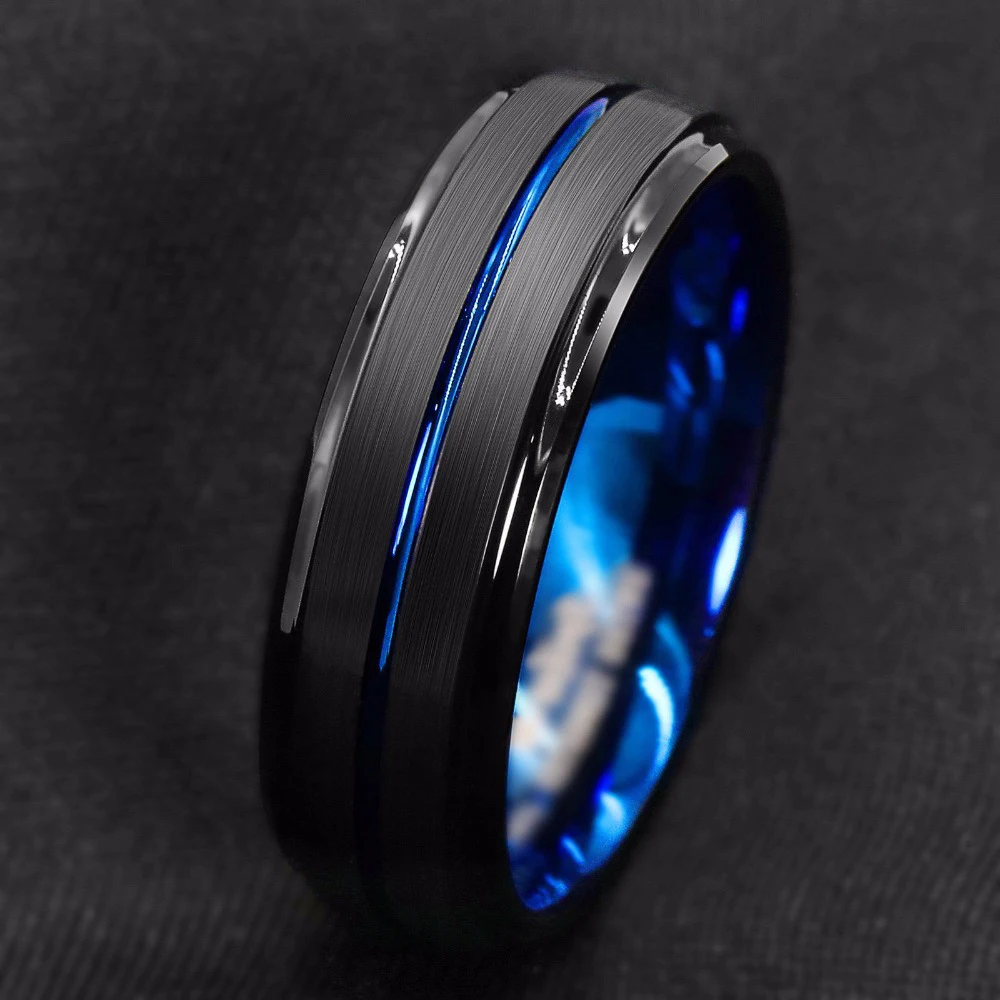 
8MM Black Brushed Ladder Edge Tungsten Ring BLue Stripe Mens Wedding Band 