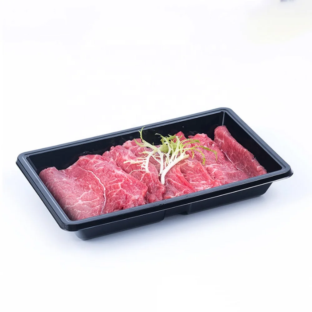 Plastic disposable RPET/PET 400g black meat box vegetable transparent custom size fruit tray
