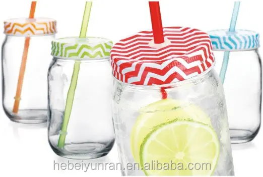 Custom made embossed glass mason jar With Straws Handle