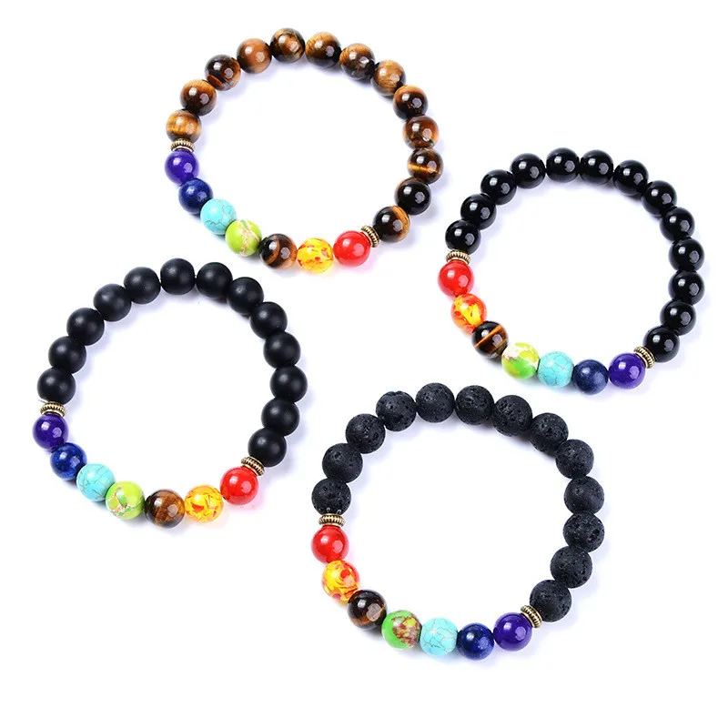 Custom stone bead bracelet wholesale 10mm volcanic stone tiger eye natural stone bead 7 chakra bracelet