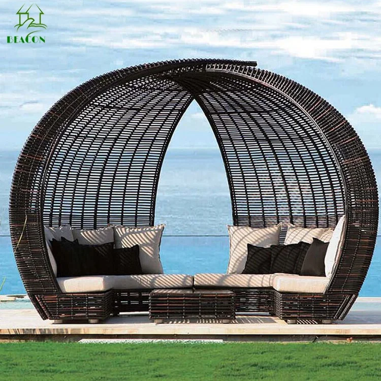 Outdoor Rattan daybed wicker furniture garden sunbed with canopy beach lounge