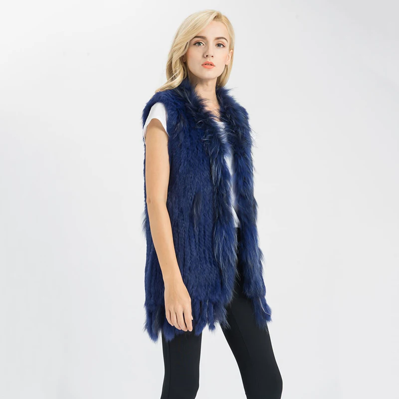 Latest Style Warm Women Knitted Real Rabbit Fur Vest with Raccoon Fur Collar Natural Fur Waistcoat Gilet