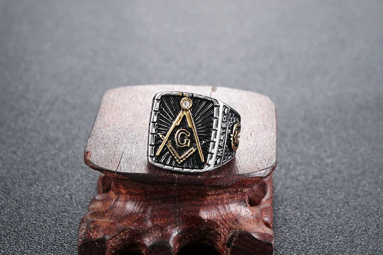 Vintage Two -tone AG Masonic freemason  Biker Gold Ring Stainless Steel Demolay Silver Ring With White CZ