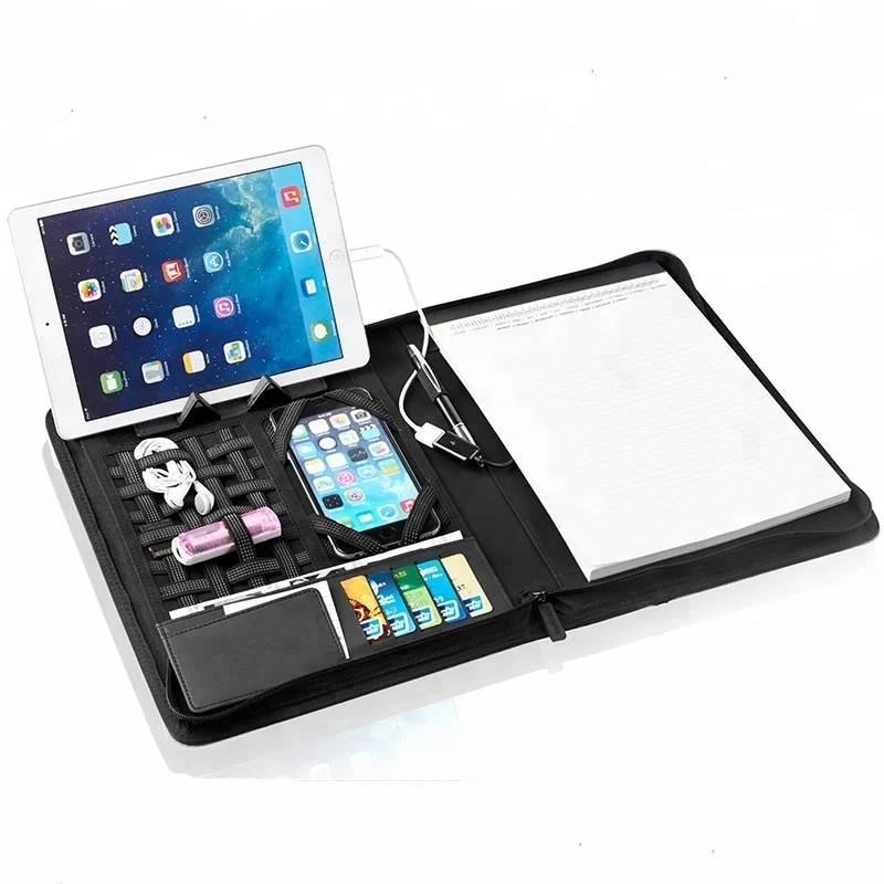 
Luxury Business Office Conference A4 Black PU Leather Compartment Portfolio Organizer 
