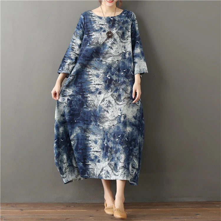 
Long Loose Women Print Linen Dresses in Stock 