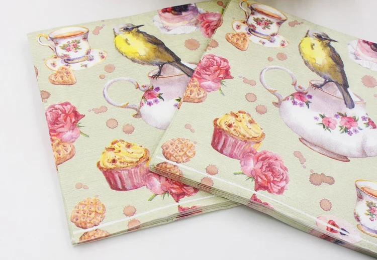 Food-grade Bird Tea Print Paper Napkin Tissue  Dinner Napkins Servilleta For Birthday Party Decoration 33*33cm Or Custom