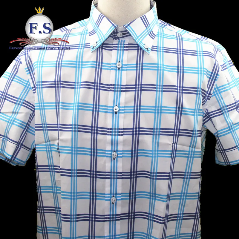 bright blue plaid/madras high end men shirt short sleeve