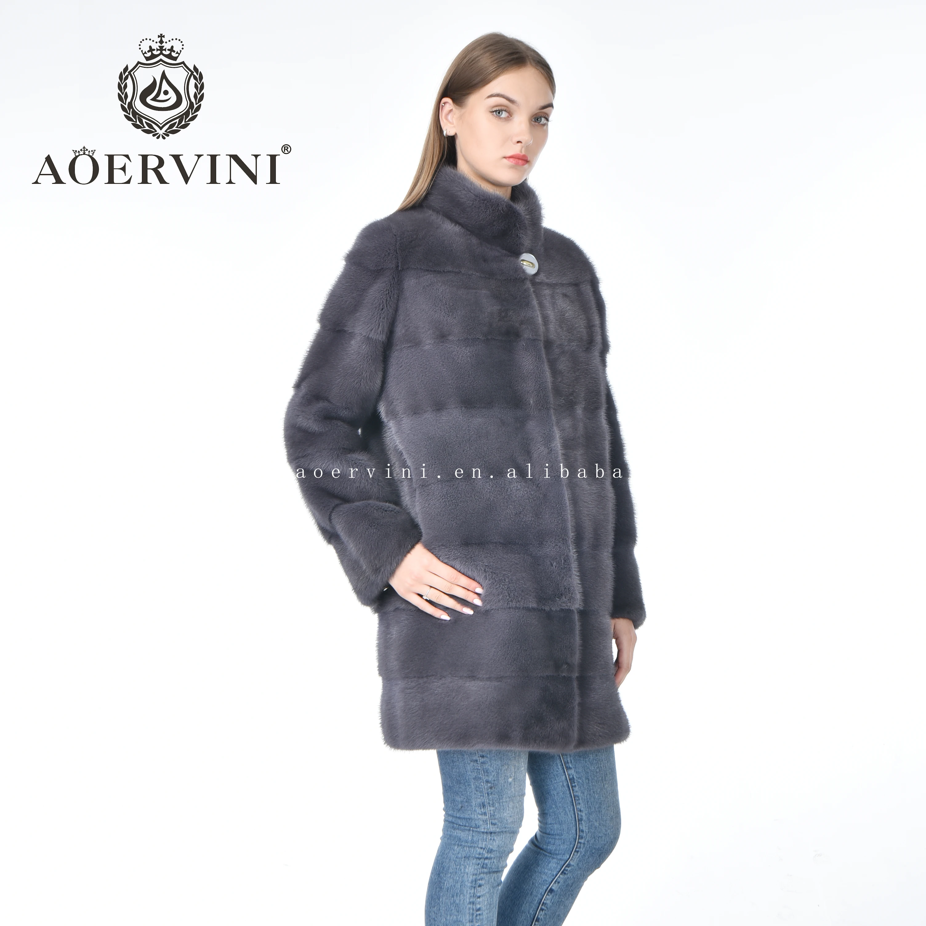 
Fashion classic standing collar hot selling gray women mink fur coat 