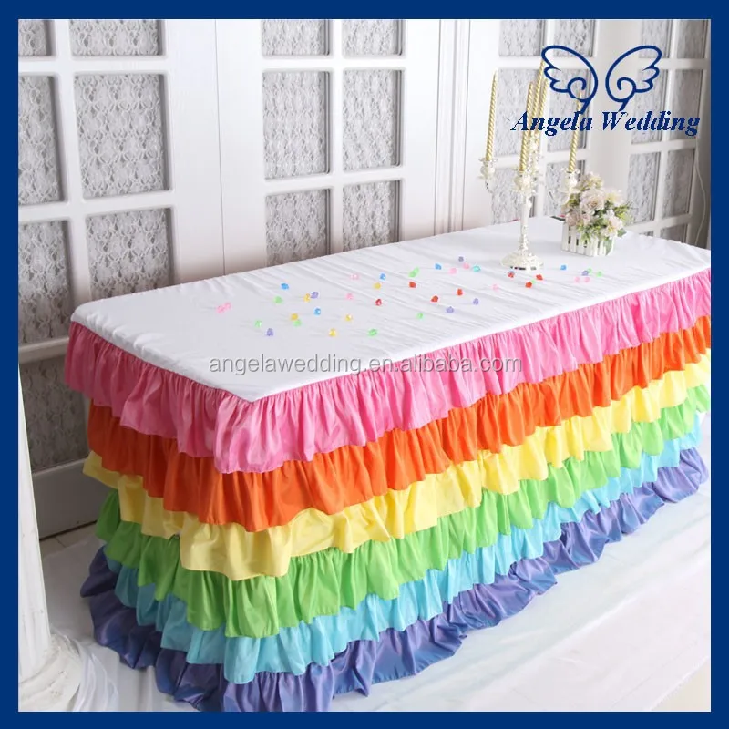 
SK007A Wedding hot sale taffeta ruffled decorative colorful rainbow steps in table skirt 