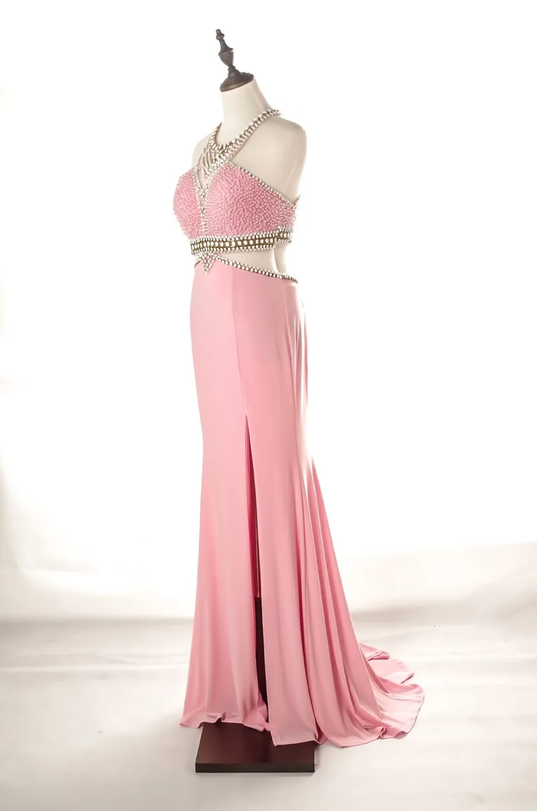 Modern Dubai luxury long ball gown beaded pink halter evening dresses