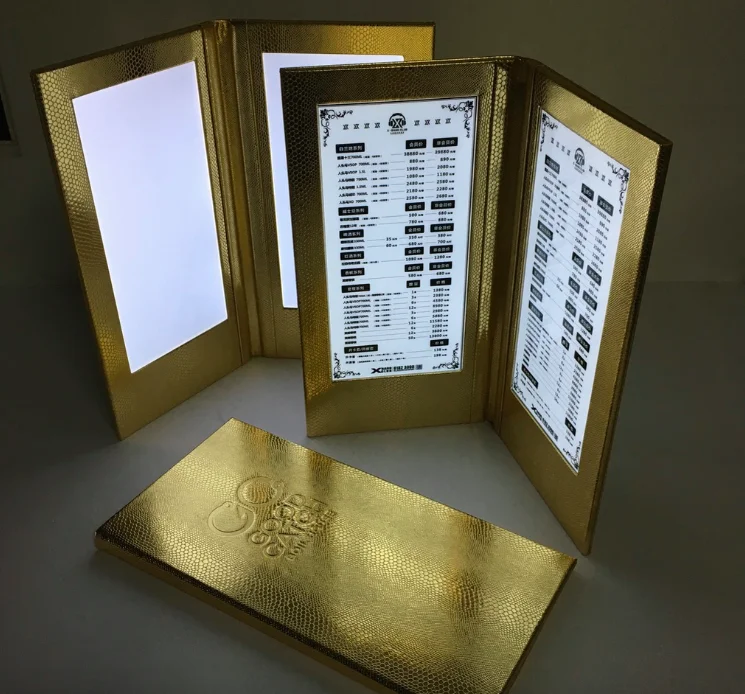 customized gold snake leather illuminated LED menu cover (Patent ZL201420483083.X, ZL201430306539.0)