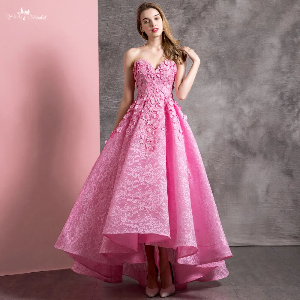 RSE899 3D Flowers Bridesmaid Pink High Low Lace Girls Graduation Party Dresses Prom Dress