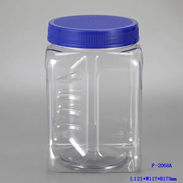 64 oz Clear Pet Plastic Square Pinch Grip Jar with 110mm screw top lid