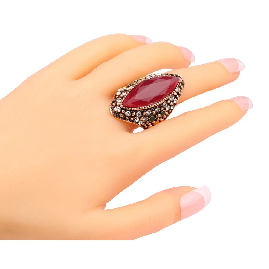 2018 Bohemian Big Crystal Antique Gold Ring Luxury Textured Blue Stone Rings For Women Vintage Turkish Jewelry