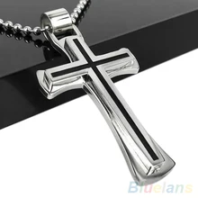 Men Women Cool Black Silver Stainless Steel Cross Pendant Chain Necklace