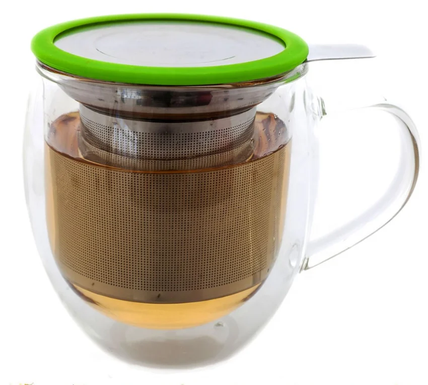 wholesale clear office use double wall with handle handmade glass tea filter mug