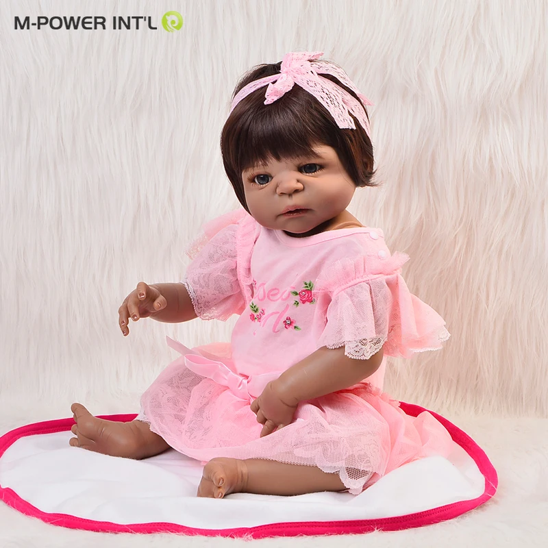 Realistic Indian Baby Doll 22' Girl Black Skin Reborn Baby Doll Toy Full Silicone Body Handmade Ethnic Dolls For kids Xmas Gift