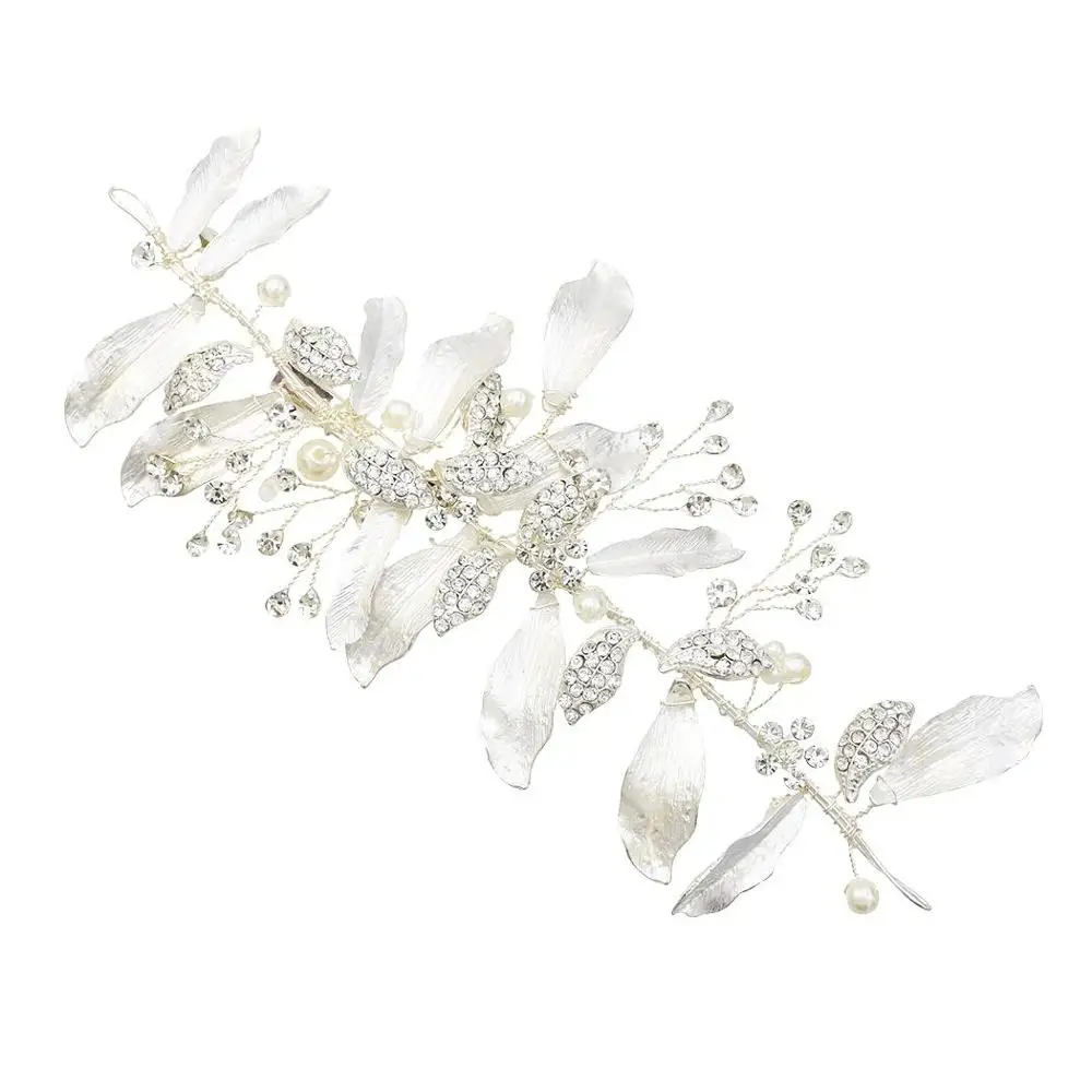 Luxuries Crystal Leaf Hairpins Girls Silver Pearls Princess Headpiece Wedding Hair Accessories Gold Barrettes Hairclip