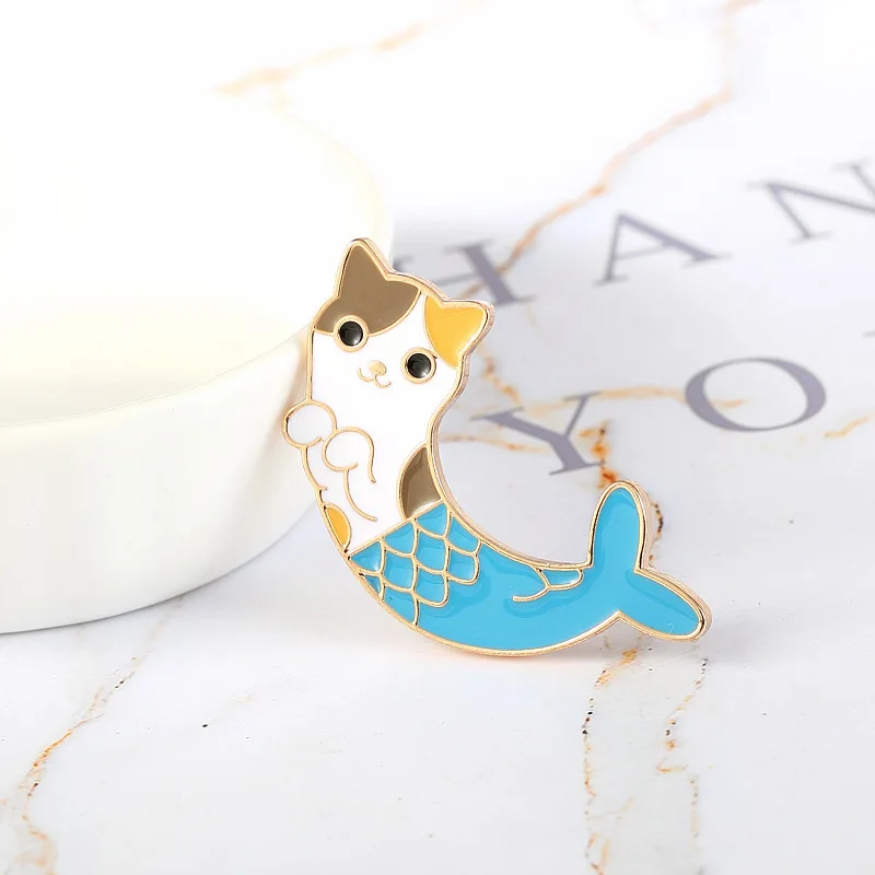 Mermaid Enamel Pin needle Half cat and half fish Cartoon cute animal badge Shirt cowboy hat backpack pins buckle