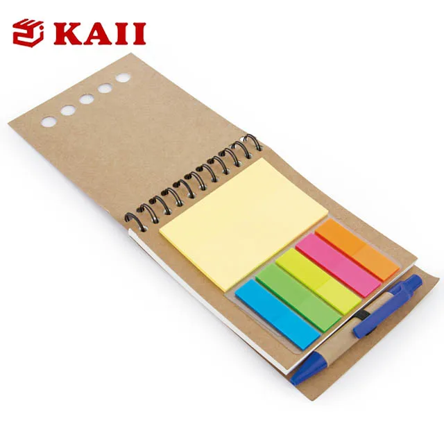 KAII Spiral Notebook Kraft Paper Cover Steno Pocket Notepad With Pen In Holder, Sticky Notes And Page Marker Index Tabs Flags