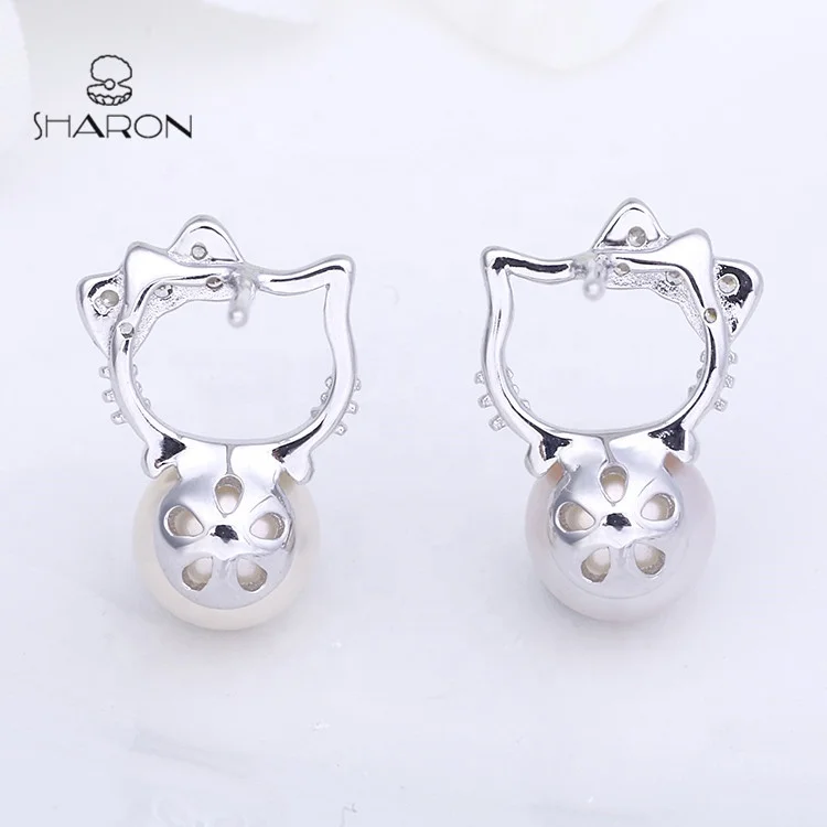 Hot Sale Women Jewelry Hello Kitty 925 Sterling Silver New Design of Pearl Earrings Stud