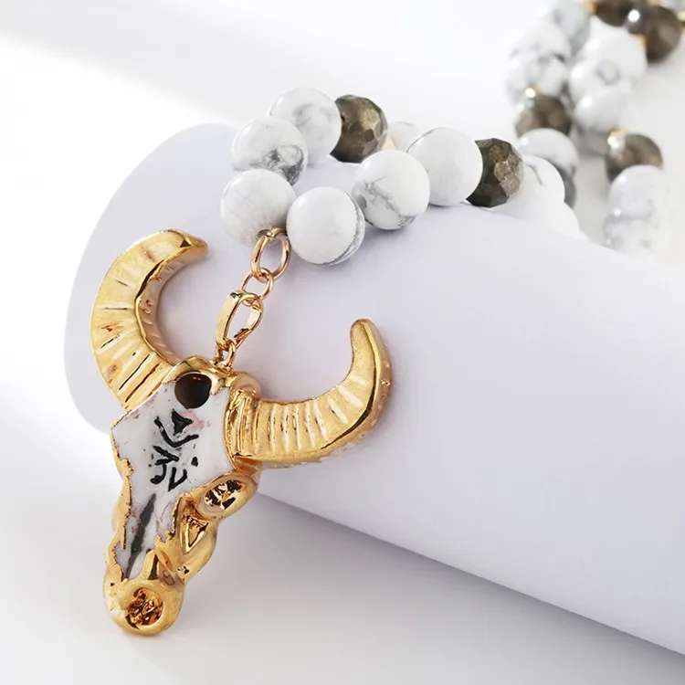 Factory Direct Sales Bull Head Pendant Amazonite  Beaded Men Necklace