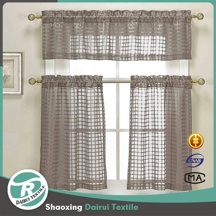 Sheer Kitchen Curtain 3 Piece Woven Check Design 1 Valance 2 Tier Panels